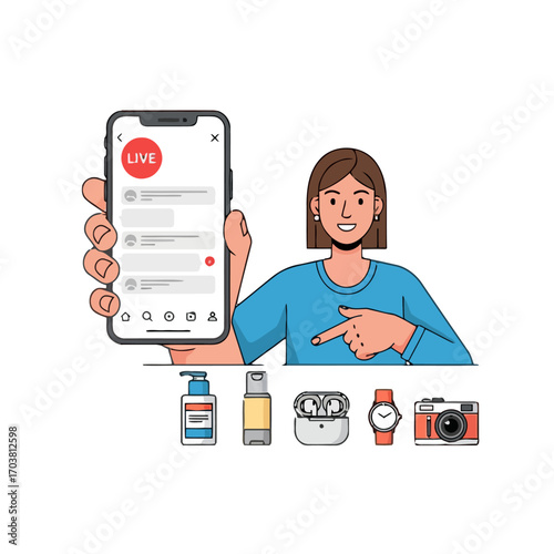Woman pointing at smartphone with live streaming