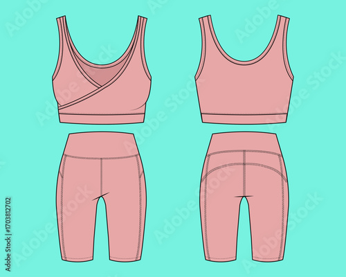Women's Activewear Sports Bra with High-Waist Shorts Legging Set Fashion Technical Drawing Flat Sketch Vector Template.