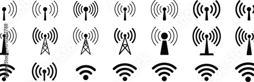 Wireless signal icons vector set, including wifi, antenna, radio tower, and network symbols, for communication, technology, internet, and connection design