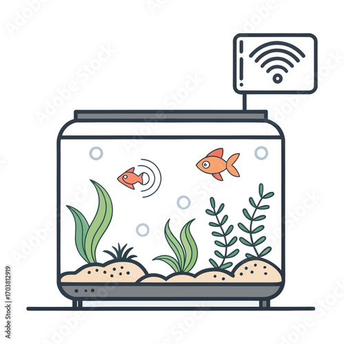Smart Aquarium: A contemporary illustration of a smart aquarium, featuring two fish, connected to a wireless network, representing the merging of technology and domestic life. 