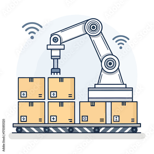 Robotic Arm in Production: The automated process of a robotic arm stacking cardboard boxes, demonstrating modern industrial efficiency and technological advancement.