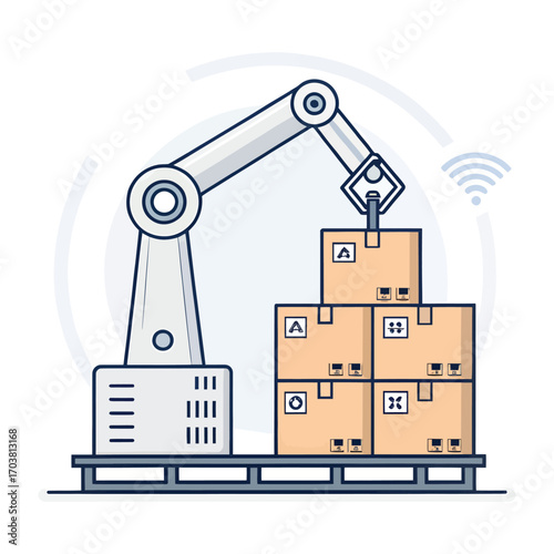 Robotic Arm and Packages: Depicts a futuristic vision where a robotic arm precisely maneuvers packages. The image celebrates the power of automation in logistics and supply chain management. 