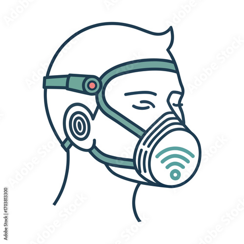High-Tech Respirator: A detailed illustration of a person wearing a state-of-the-art respirator mask, emphasizing advanced technology and personal protection in a clean, clinical style.