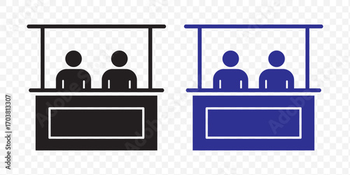 Booth or stand icon set with exhibitor. Sales booth icon set isolated on white background.