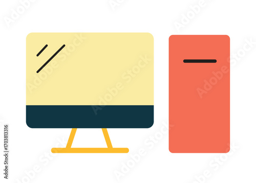 Colorful personal computer illustration in a simple retro style. Graphic symbol of a PC setup with a screen and system unit, perfect for web or business concepts.