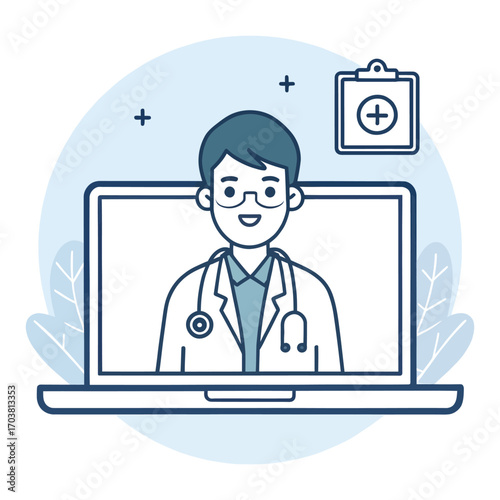 Telemedicine Consultation: A stylized illustration showcases a friendly doctor conducting a consultation via a laptop screen, accompanied by a medical chart.