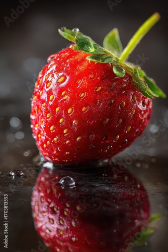 Close-up of a Fresh, Ripe Strawberry with Water Droplets.