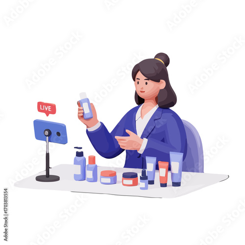 Woman influencer showcasing beauty products live on phone