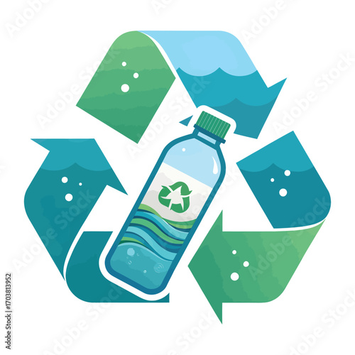 Environmental Symbiosis: An illustrated depiction of a plastic bottle nested harmoniously within the iconic recycling symbol.