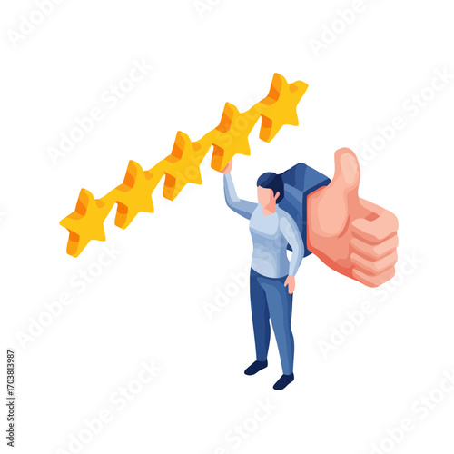 Person holding five stars and a thumbs up