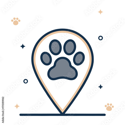 Pet Location Icon: A charming icon representing a pet's location, using a paw print within a stylish map marker, perfect for pet-related services and businesses.