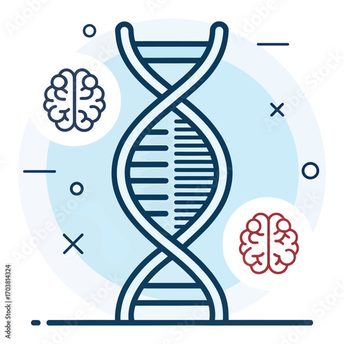 DNA Helix with Brains: This graphic illustration displays a DNA helix alongside a stylized brain, creating a symbol of genetic code and neurological function.