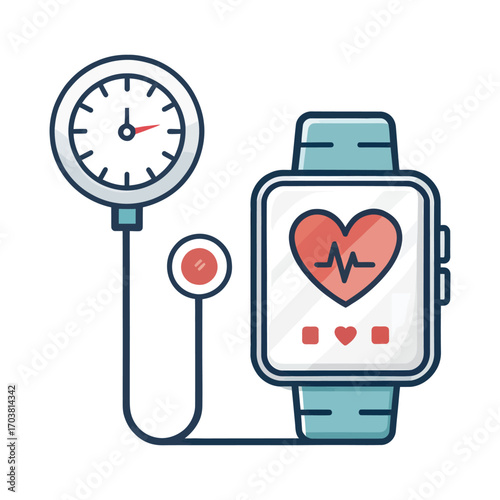 Smartwatch and medical measuring instrument: Capturing a illustration of the modern healthcare, digital smartwatch linked to a medical instrument to keep health monitoring with red heart beat graphic.