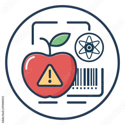 Apple with Warning: A stylized red apple with an exclamation mark, integrated with scientific and barcode symbols, indicating potential risks and scrutiny.
