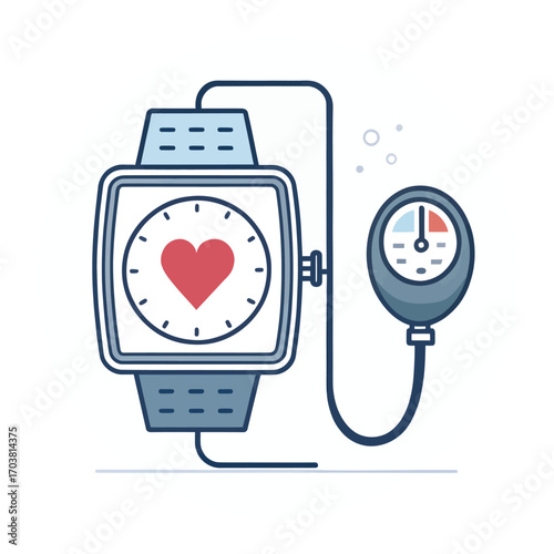 Digital Health Monitor: An illustrated smartwatch and blood pressure gauge, symbolizing modern health monitoring and fitness tracking, set against a sleek, minimalist aesthetic.