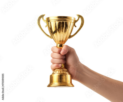 Celebrating victory with a gold trophy in hand