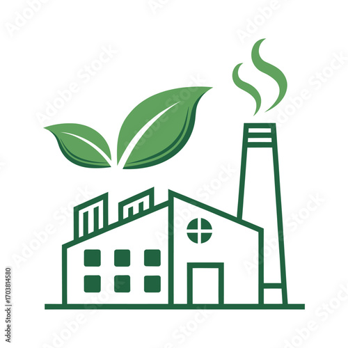 Green Factory: An illustrated factory with a chimney emitting clean smoke, complemented by fresh green leaves, symbolizing eco-friendly and sustainable industry practices.