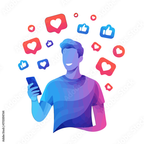 Man holding phone with social media likes and hearts