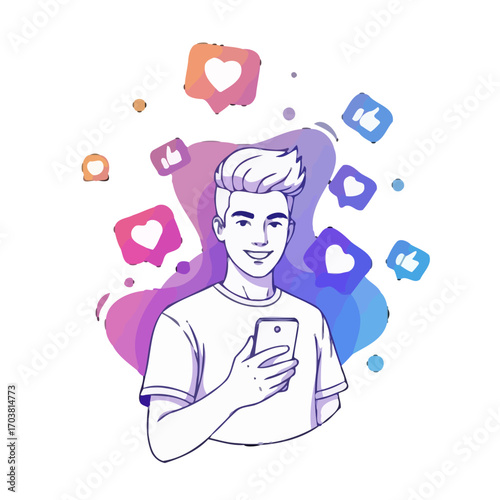 Man holding phone with social media likes and hearts
