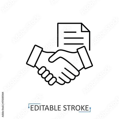 A business agreement icon in minimalist style with editable stroke. Handshake deal, contract document, partnership symbol, corporate element, negotiation design, cooperation concept, formal agreement.