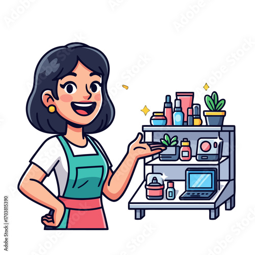 Smiling woman standing next to a shelf with beauty products