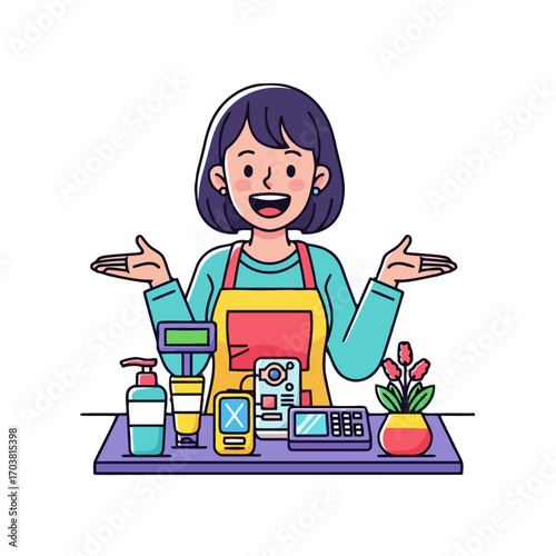 Cashier with various items at checkout counter