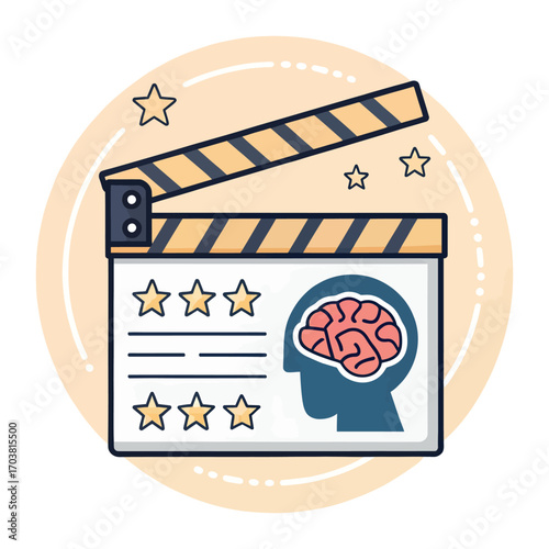 Movie brain: A creative illustration of a movie clapperboard adorned with stars and a human profile containing a brain, representing the artistry and strategic thought behind filmmaking. 