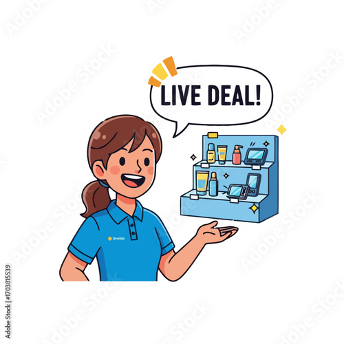 Saleswoman promoting a live deal on products