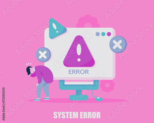 Illustration of a frustrated person facing a system error on a computer screen, symbolizing technology failure, bugs, and digital problems.