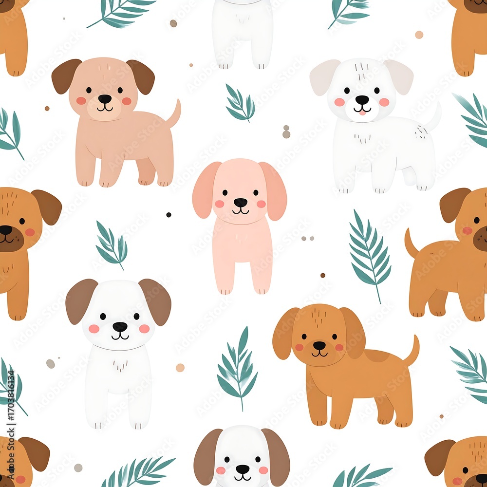 Naklejka premium Cute dogs and leaves pattern