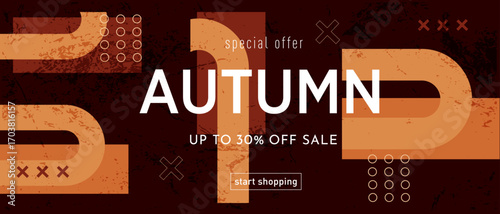 Autumn. Trendy Abstract Gradient Design in Retro Style from the 80s-90s. Modern Geometric Background Patterns for Advertising, Web, Social Media, Posters, Banners, Covers. Sale Offer 30%. Vector 