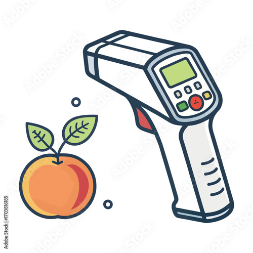 Fruit Inspection with Thermometer: A colorful illustration of a thermometer checking the quality of an apple, highlighting the importance of precision and food safety.
