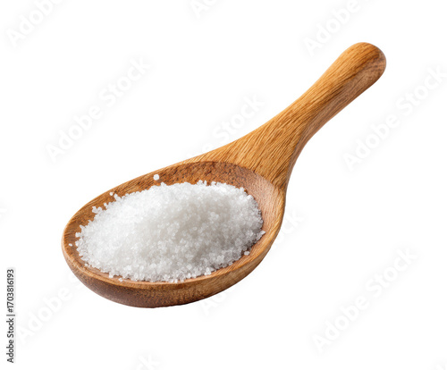 Organic sea salt in wooden spoon for culinary use and seasoning