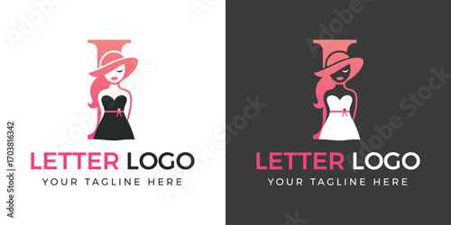 Letter I logo with chic woman in hat and dress alphabet initial