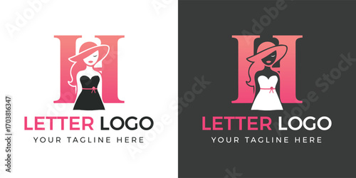 Letter H logo with sophisticated woman in hat and dress alphabet initial
