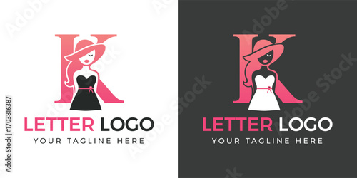 Letter K logo with elegant woman in hat and dress on white and dark backgrounds alphabet