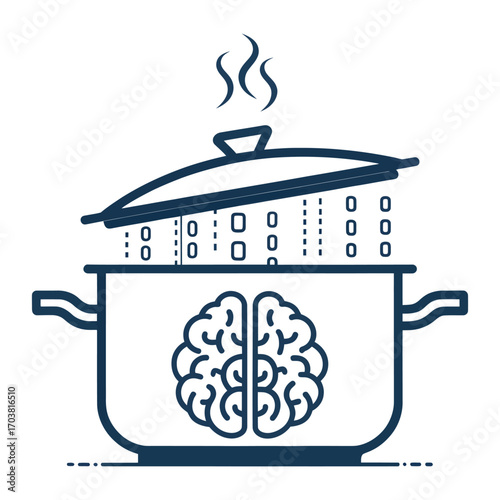 Brainstorming Illustration: A creative illustration depicting a brain inside a steaming pot, with binary code raining down, symbolizing the process of ideation and the generation of digital thought.