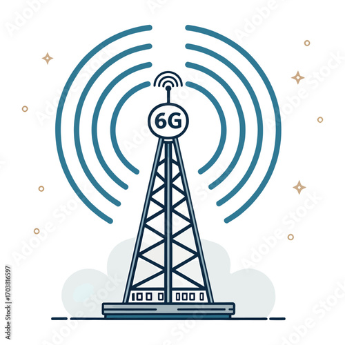 6G Tower: A vibrant illustration of a 6G tower sending out signals, representing the cutting-edge technology and the future of communication.