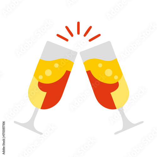 Two champagne glasses clinking together in a toast