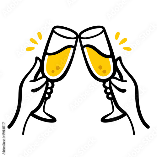 Two hands holding champagne glasses clinking together in a toast