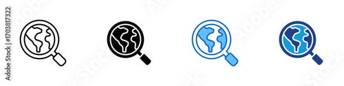Global Search Multiple Style Icon Design Vector - Magnifying glass with globe, representing worldwide search, global research, or earth exploration