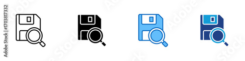 File Search Multiple Style Icon Design Vector - Document with floppy disk and magnifying glass, symbolizing file review, storage lookup, or saved data inspection