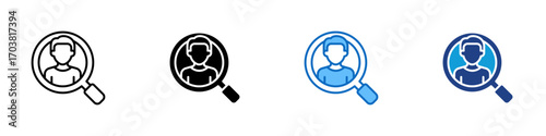Profile Search Multiple Style Icon Design Vector - Magnifying glass over a human profile, symbolizing user research, recruitment, or identity check