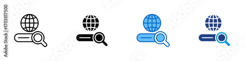 Web Browsing Multiple Style Icon Design Vector - Globe with magnifying glass, representing worldwide search, international data, or global exploration