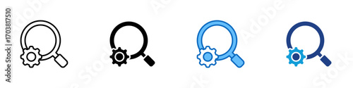Settings Search Multiple Style Icon Design Vector - Magnifying glass with gear, symbolizing system settings check, configuration search, or troubleshooting