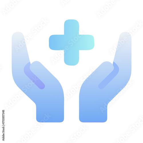 Two cupped hands holding a blue plus sign, symbolizing healthcare, medical assistance, and protection