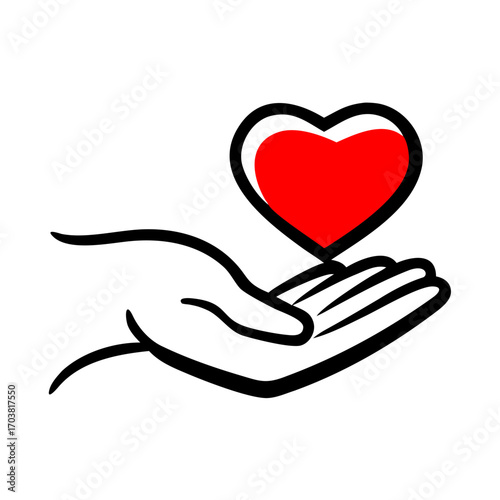 Hand holding a red heart, , symbolizing love, care, and charity