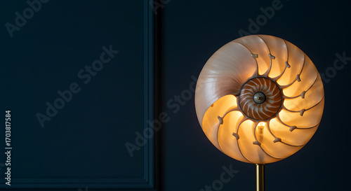 Nautilus shell lamp on a dark blue wall in modern decor  