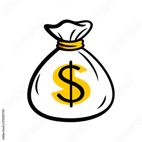 A stylized illustration of a white money bag with a yellow dollar sign, isolated on a, symbolizing wealth and finance