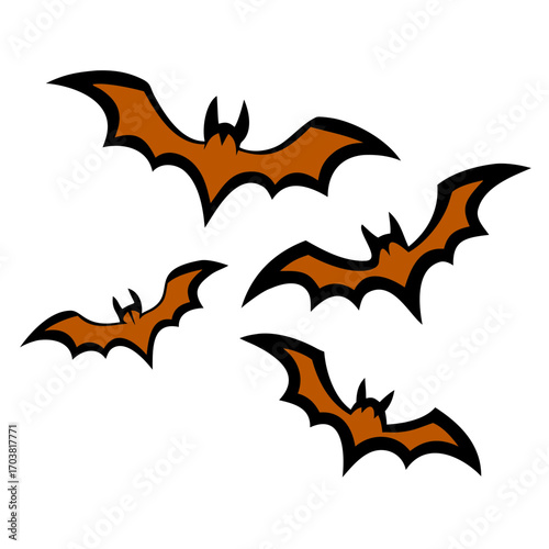 A group of four orange bat silhouettes flying in different directions, isolated on a